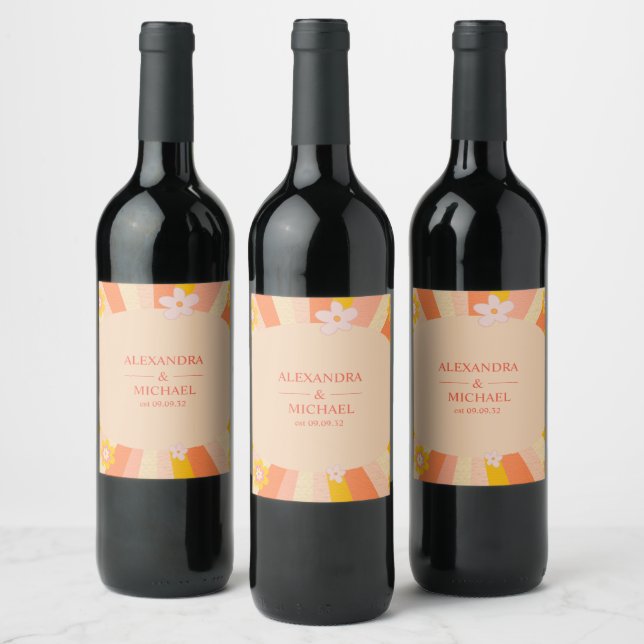 Retro Groovy 70's Themed orange yellow Wedding Wine Label (Bottles)