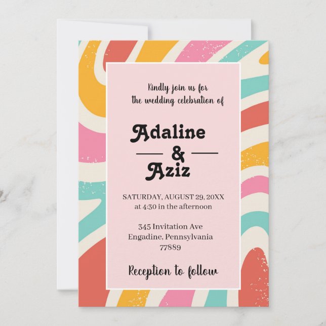 Retro Groovy 70s Wavy Colourful Wedding Invitation (Front)