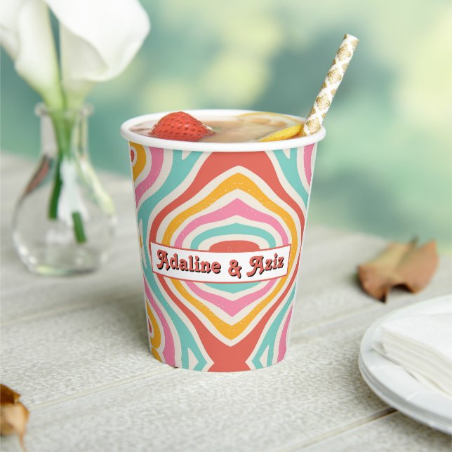 Retro Groovy 70s Wavy Colourful Wedding Paper Cups (Insitu)