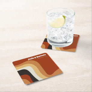 Retro Groovy 70s Wavy Orange Brown Funky Wedding Square Paper Coaster