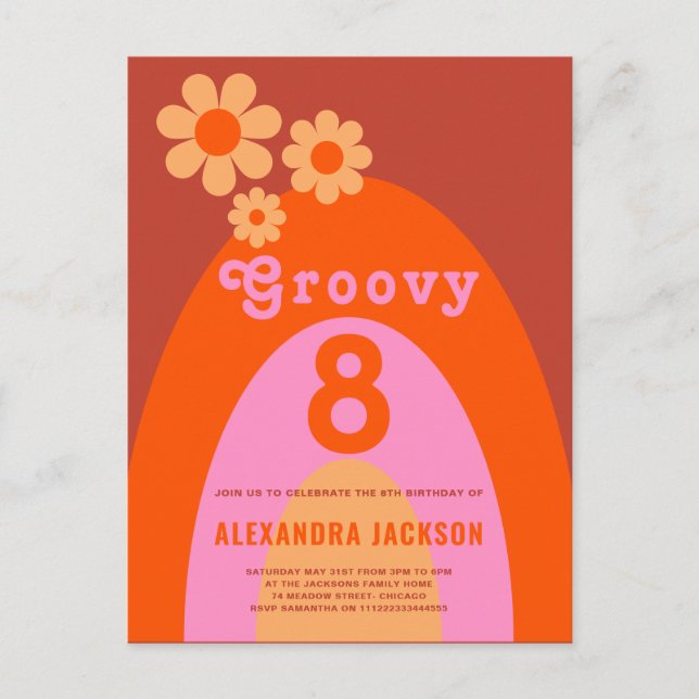 Retro Groovy 8 Girls Birthday Party Invitation Postcard (Front)