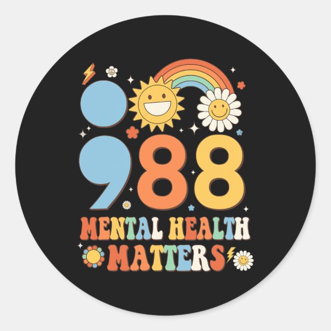 Retro Groovy 988 Mental Health Matters Suicide Pre Classic Round Sticker (Front)