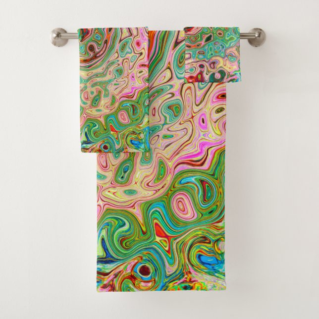 Retro Groovy Abstract Colourful Rainbow Swirl Bath Towel Set (Insitu)