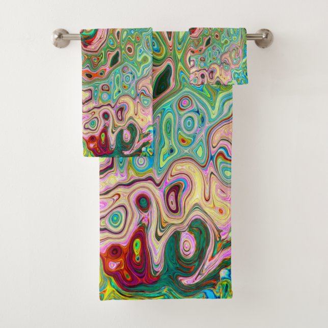 Retro Groovy Abstract Colourful Rainbow Swirl Bath Towel Set (Insitu)