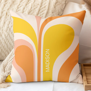 Retro Groovy Abstract Peach Orange Yellow Name Throw Pillow
