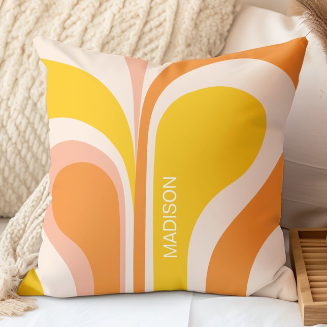 Retro Groovy Abstract Peach Orange Yellow Name Throw Pillow (Creator Uploaded)