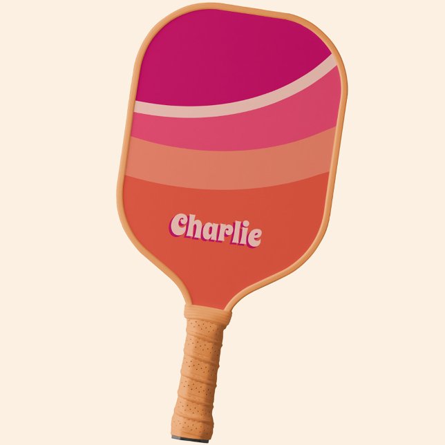 Retro Groovy Abstract Pink Orange Personalized Pickleball Paddle (Retro groovy abstract personalized custom name pickleball paddle in pink and orange)