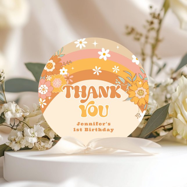 Retro groovy baby birthday thank you classic round sticker (Creator Uploaded)