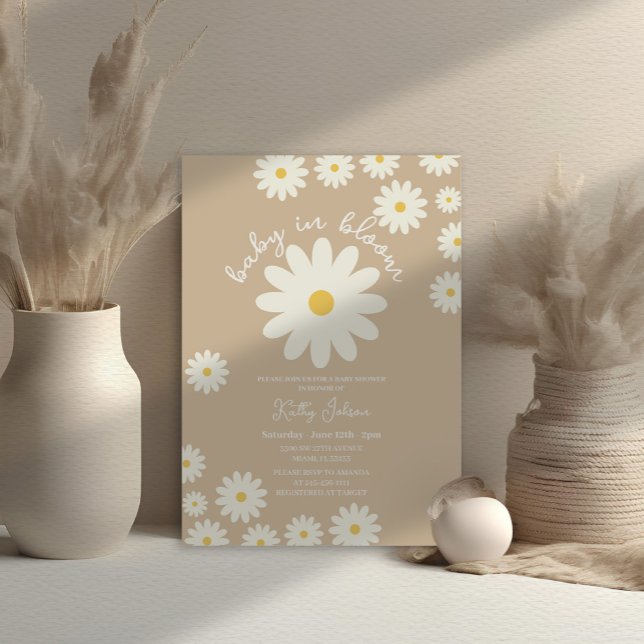  Retro Groovy Beige Daisy Baby in Bloom Shower  Invitation (Creator Uploaded)