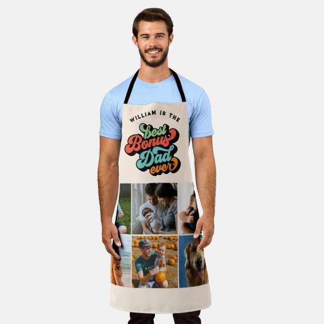 Retro Groovy Best Bonus Dad Ever Six Photo Gift Apron (Worn)