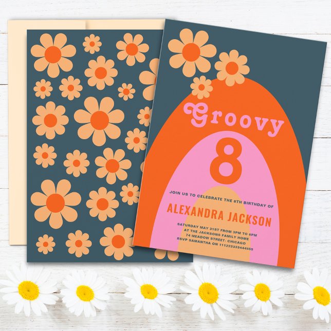 Retro Groovy Birthday Party Invitation (Groovy 8 retro daisy arch navy blue orange pink 8th birthday party invitation & groovy typography )