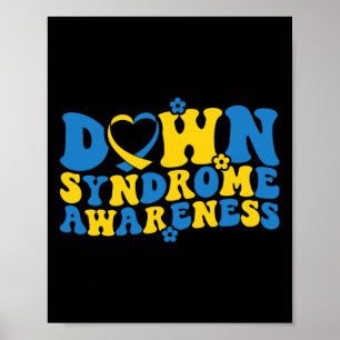Retro Groovy Blue And Yellow Ribbon Down Syndrome  Poster