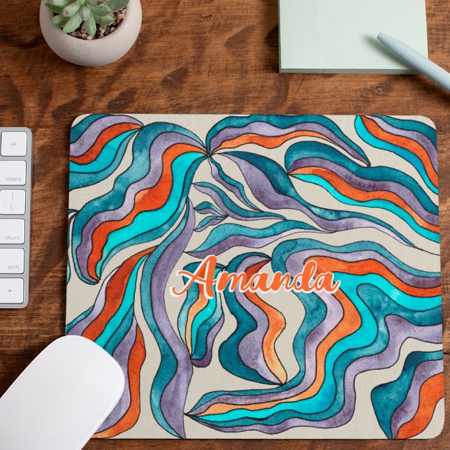 Retro Groovy Blue Orange Purple Wavy Script Name Mouse Pad (Front)