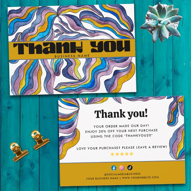 Retro Groovy Blue Purple Business Package Insert Thank You Card (Front and Back)