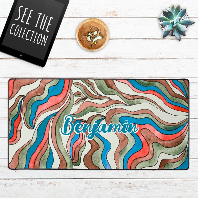 Retro Groovy Blue Red Green Wavy Script Name Desk Mat (Creator Uploaded)