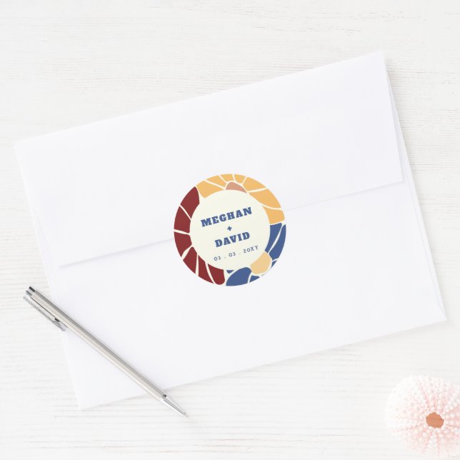 Retro Groovy Boho Chic Floral Wedding Classic Round Sticker (Envelope)