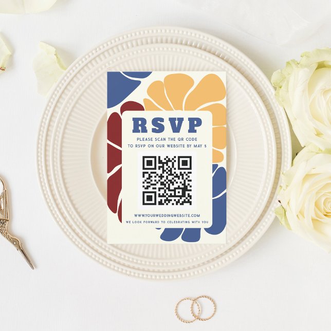 Retro Groovy Boho Chic Floral Wedding QR CODE RSVP Card (Retro Groovy Boho Chic Floral Wedding QR CODE RSVP Card)