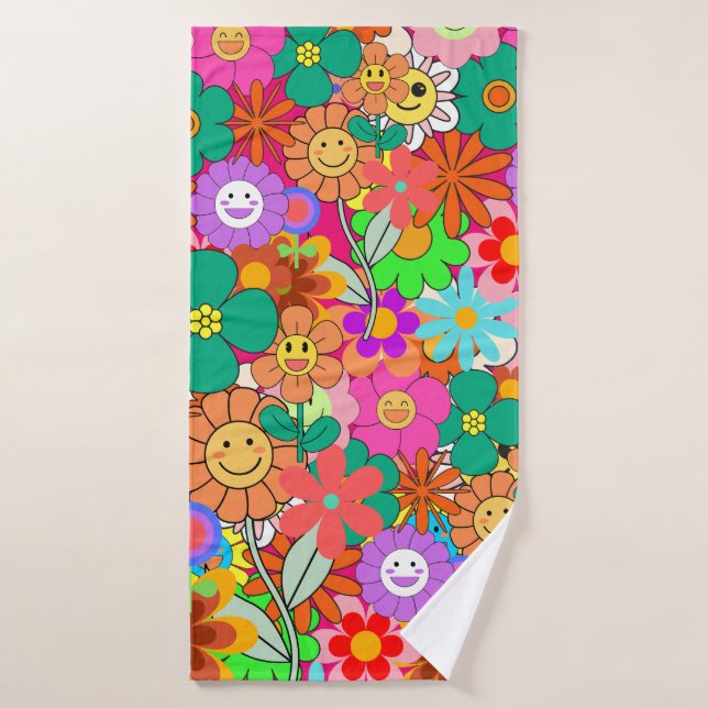Retro Groovy Boho Hippie Flowers   Bath Towel (Bath Towel)