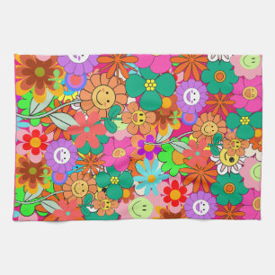 Retro Groovy Boho Hippie Flowers  Kitchen Towel