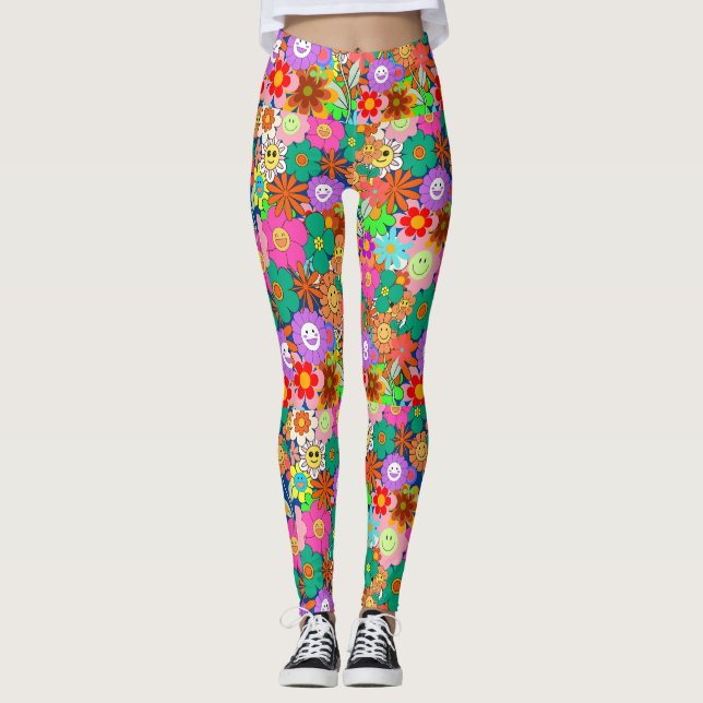 Retro Groovy Boho Hippie Flowers  Leggings (Front)