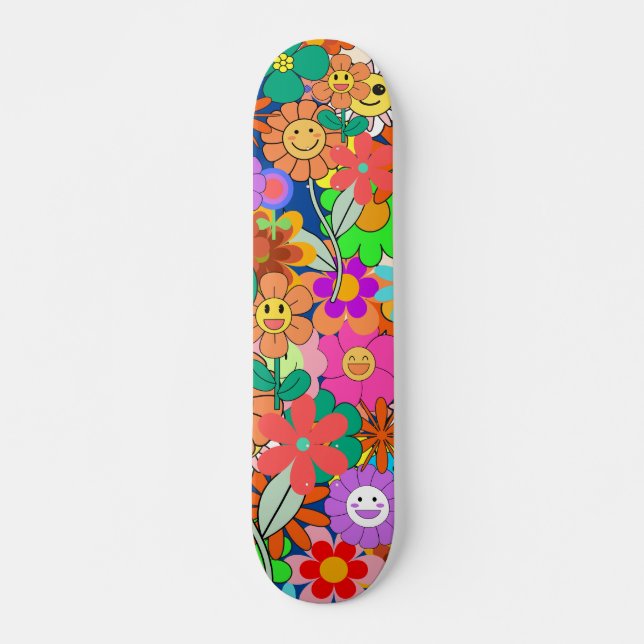 Retro Groovy Boho Hippie Flowers  Skateboard (Front)