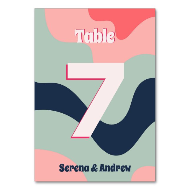 Retro Groovy Bold Abstract Waves Table Number (Front)