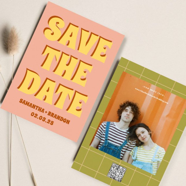 Retro Groovy Bold & Bright Boho Wedding Qr Code  Save The Date (Creator Uploaded)