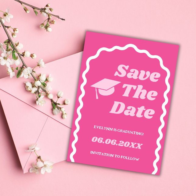 Retro Groovy Bold Pink Wavy Grad Cap Graduation Save The Date (graduation save the date card retro groovy wavy arch bold hot pink blush class of 2024 grad cap)