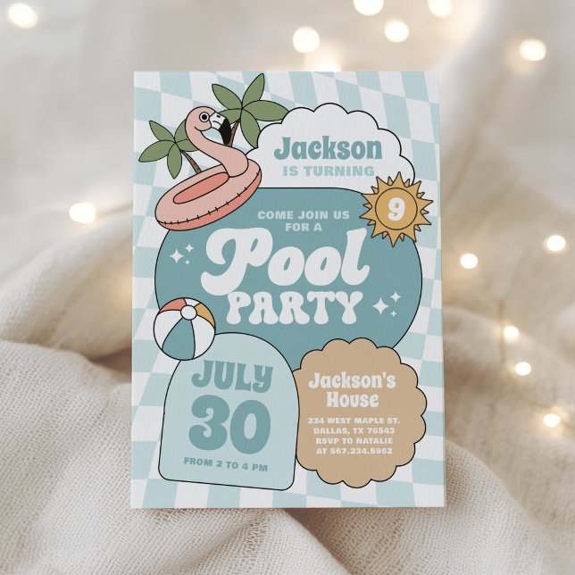 Retro Groovy Boy Pool Party Birthday Invitation (Creator Uploaded)