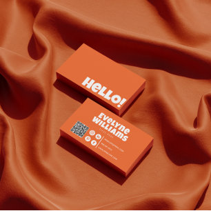 Retro Groovy Bright Orange QR Code Hello Modern Business Card