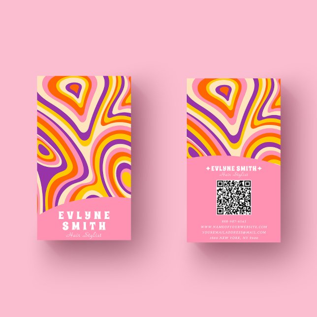 Retro Groovy Bright Pink QR Code Bold Boho Unique Business Card (Creator Uploaded)