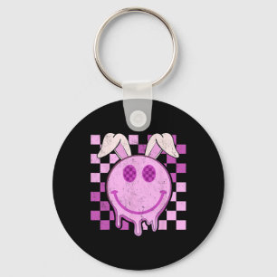 Retro Groovy Bunny Smile Face Happy Easter Day Rab Keychain
