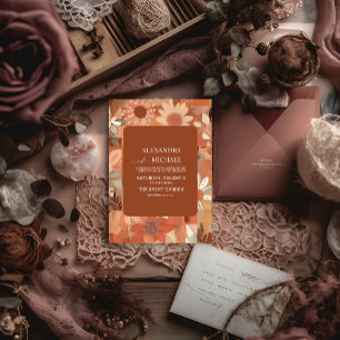 Retro Groovy burn orange floral wedding Invitation