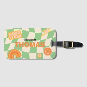 Retro Groovy Checkerboard Customizable Name Luggage Tag