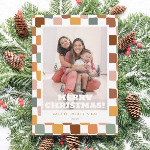 Retro Groovy Checkered Family Photo Fun Christmas Holiday Card
