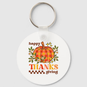 Retro Groovy Checkered Pumpkin Daisy Thanksgiving Keychain
