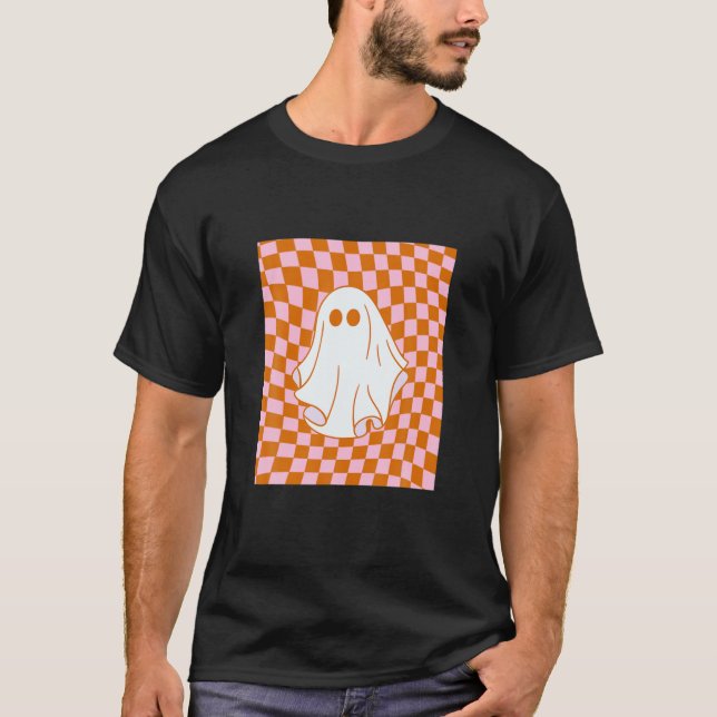 Retro Groovy Chequered Chequerboard Ghost Hallowee T-Shirt (Front)