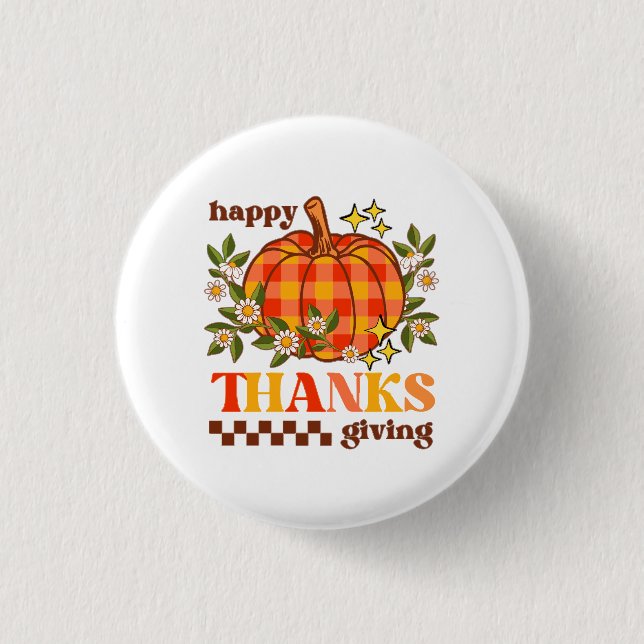 Retro Groovy Chequered Pumpkin Daisy Thanksgiving 1 Inch Round Button (Front)