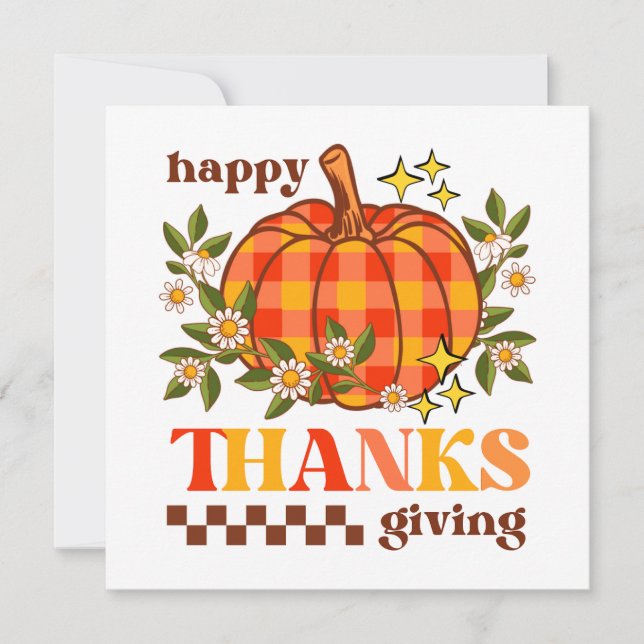 Retro Groovy Chequered Pumpkin Daisy Thanksgiving Card (Front)