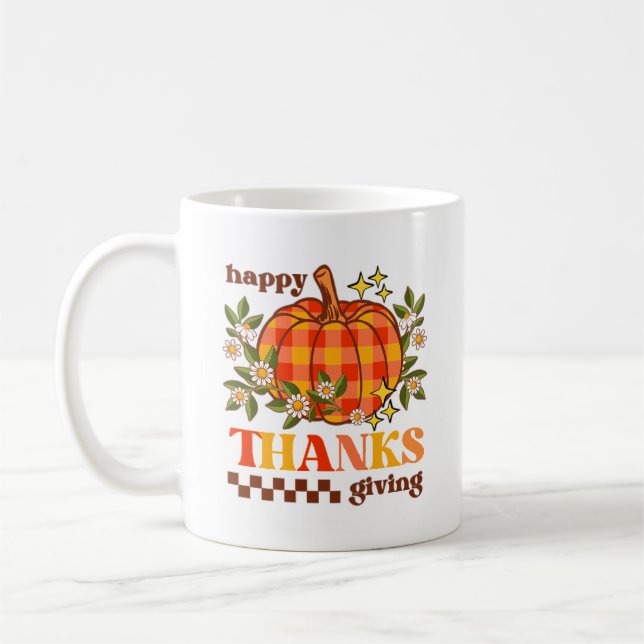 Retro Groovy Chequered Pumpkin Daisy Thanksgiving Coffee Mug (Left)