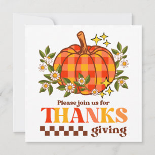 Retro Groovy Chequered Pumpkin Daisy Thanksgiving Invitation