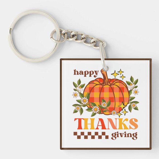Retro Groovy Chequered Pumpkin Daisy Thanksgiving Keychain (Front)