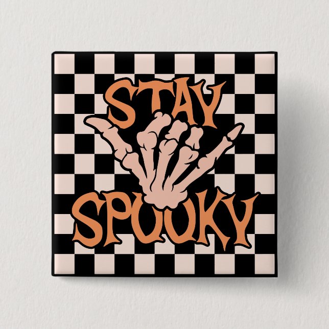 Retro Groovy Chequered Stay Spooky Halloween 2 Inch Square Button (Front)