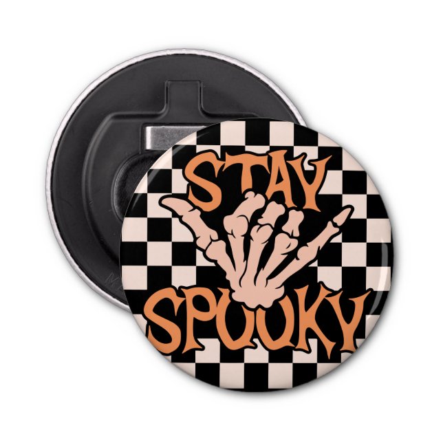 Retro Groovy Chequered Stay Spooky Halloween Bottle Opener (Front)