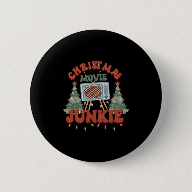 Retro Groovy Christmas Movie Junkie Merry Xmas Tre 2 Inch Round Button (Front)