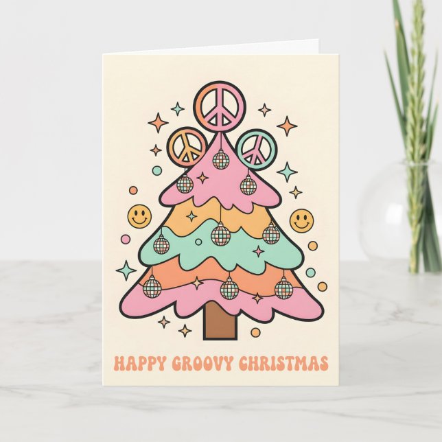 Retro Groovy Christmas Tree Merry Christmas Holiday Card (Front)