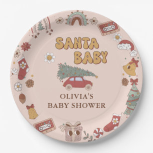 Retro Groovy Christmas Tree Santa Baby Shower Paper Plate