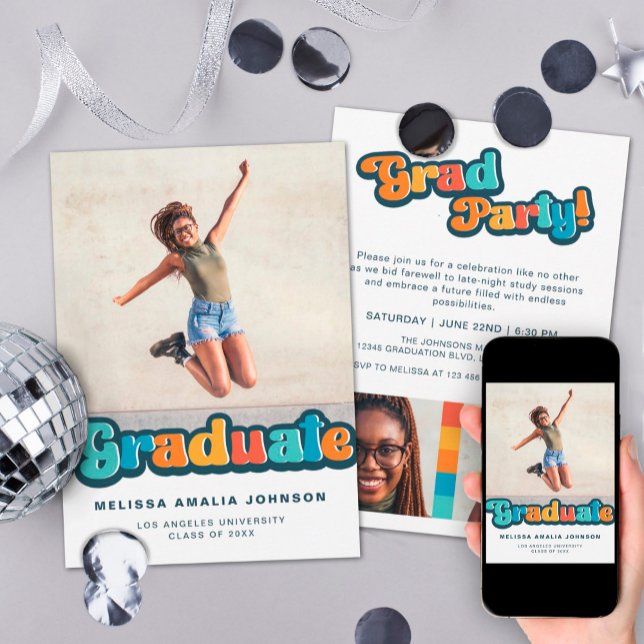 Retro groovy colour 3 photo Grad Party informal Invitation (Creator Uploaded)