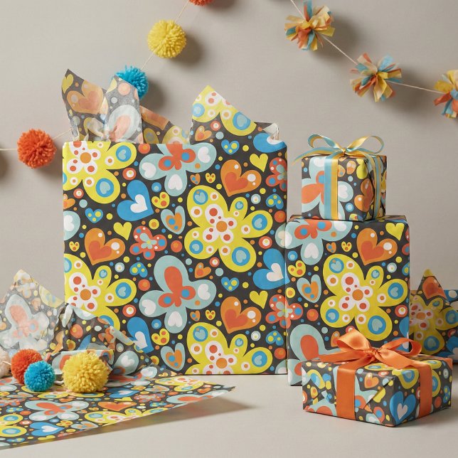 Retro Groovy Colourful Butterfly Heart Pattern Tissue Paper (Creator Uploaded)