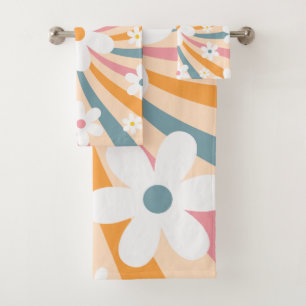 Retro Groovy Colourful Sunshine Daisy Floral Hippi Bath Towel Set